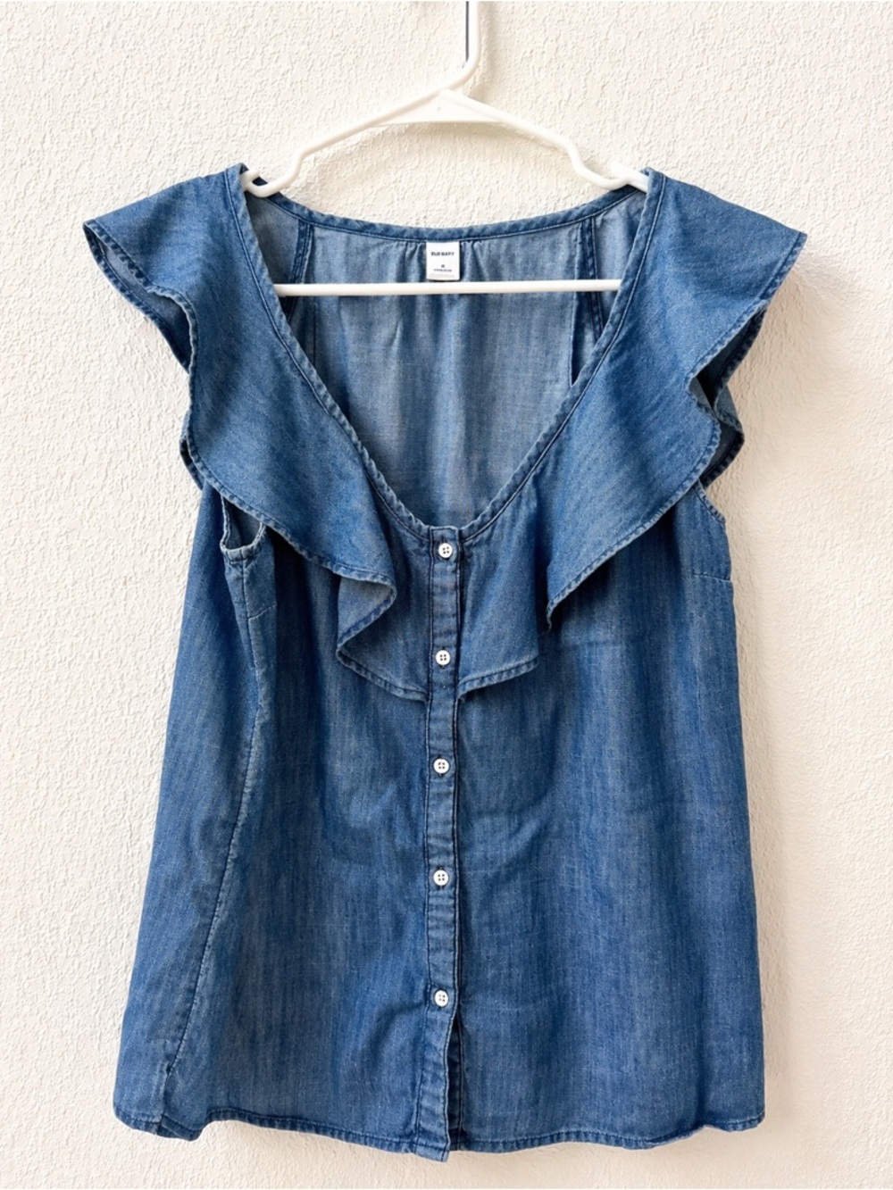 Denim Ruffle Button-Front Top - Blue
